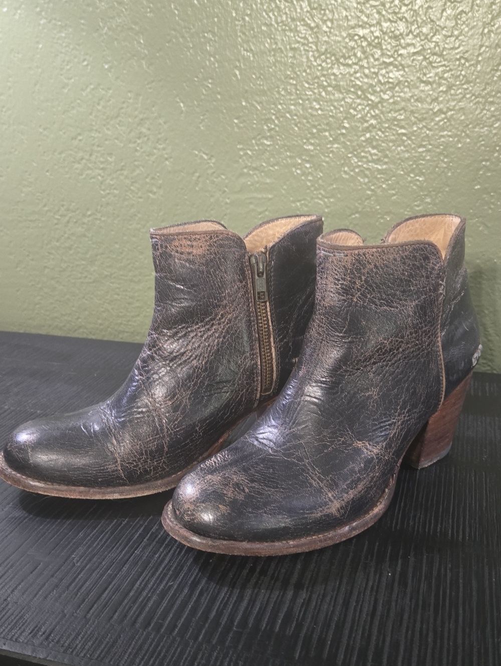 Bed Stu Women's Distressed Dark Brown Leather Ankle Booties with Side Zip